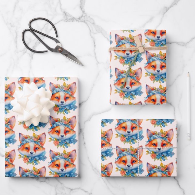 Cute Orange Fox with Floral Crown Pattern Wrapping Paper Sheet (Front)