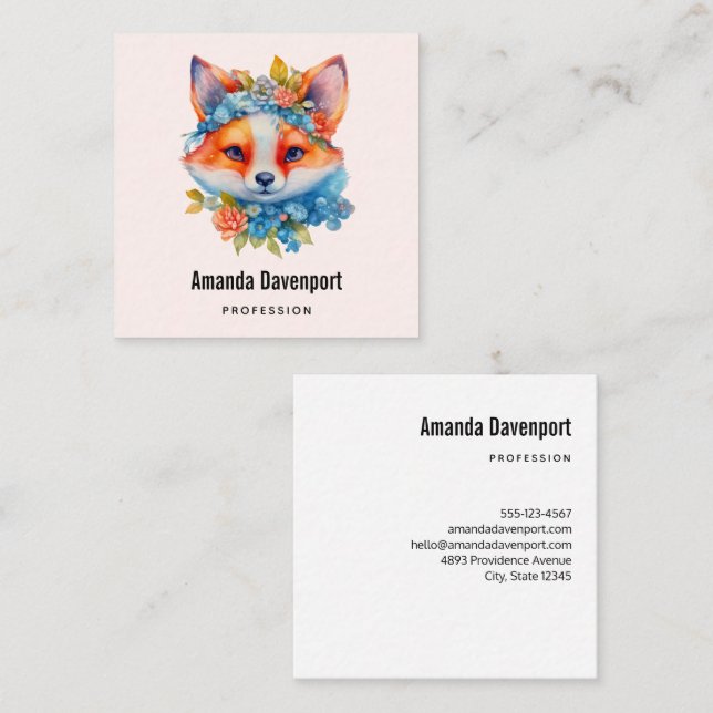 Cute Orange Fox with Floral Crown Square Business Card (Front/Back)