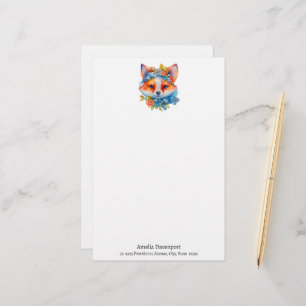 Cute Orange Fox with Floral Crown Stationery