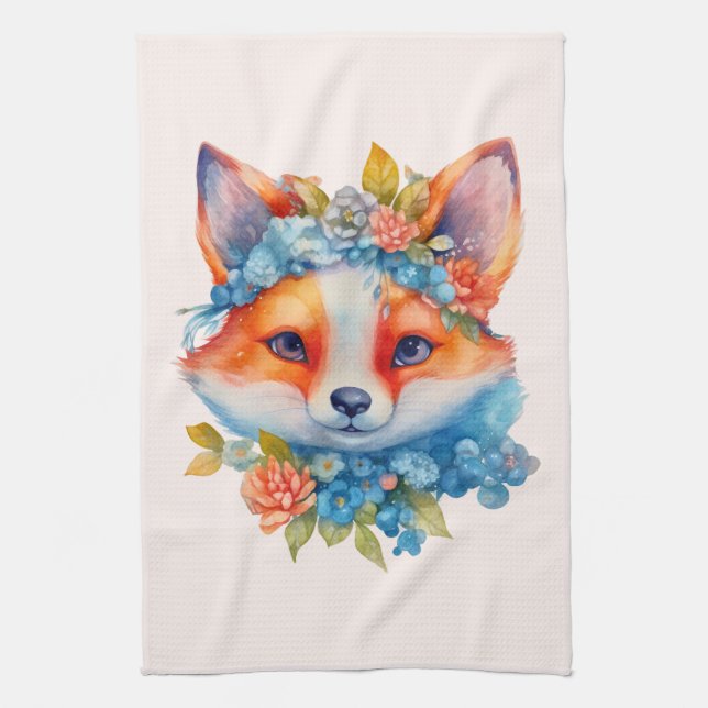 Cute Orange Fox with Floral Crown Tea Towel (Vertical)