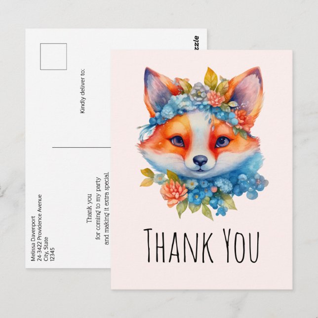 Cute Orange Fox with Floral Crown Thank You Postcard (Front/Back)