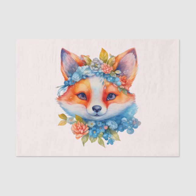 Cute Orange Fox with Floral Crown Tissue Paper (Front)