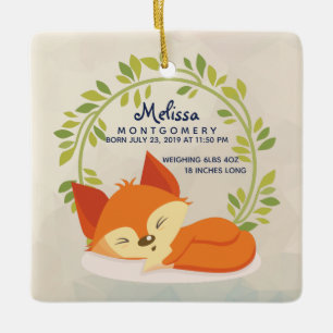 Cute Orange Fox with Green Leaves Wreath Birth Ceramic Ornament