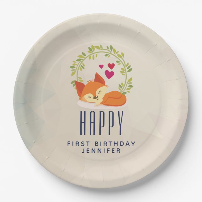 Cute Orange Fox with Wreath and Hearts  Birthday Paper Plate (Front)