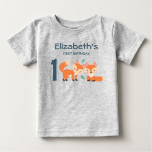 Cute Orange Foxes Graphic Drawing First Birthday Baby T-Shirt