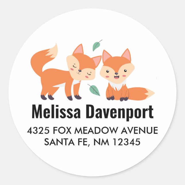 Cute Orange Foxes Graphic Illustration Address Classic Round Sticker (Front)