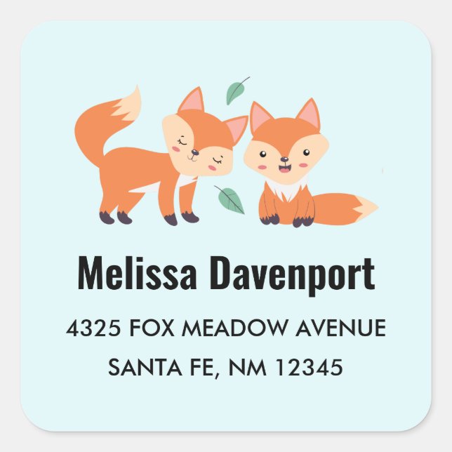 Cute Orange Foxes Graphic Illustration Address Square Sticker (Front)
