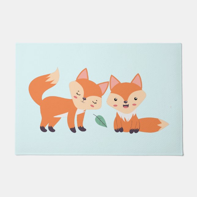 Cute Orange Foxes Graphic Illustration Doormat (Front)