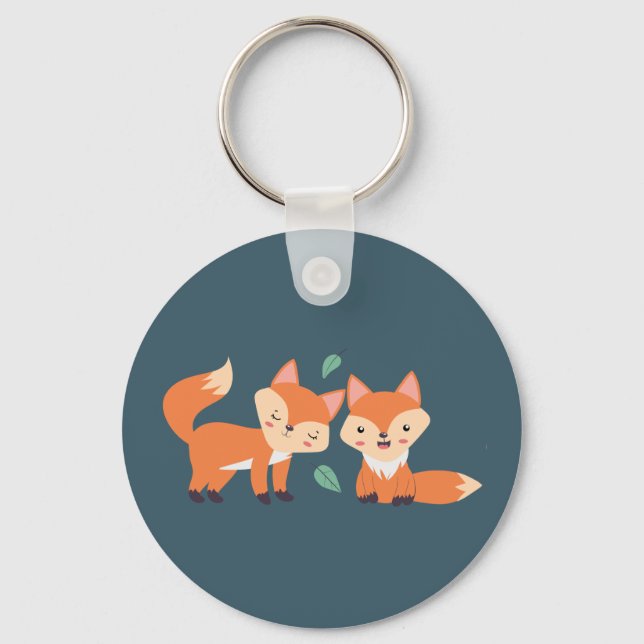 Cute Orange Foxes Graphic Illustration Key Ring (Front)