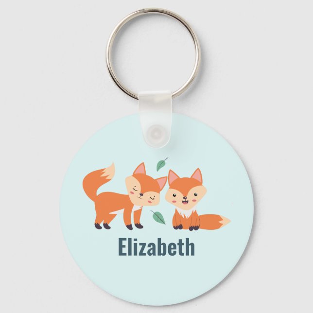 Cute Orange Foxes Graphic Illustration Key Ring (Front)
