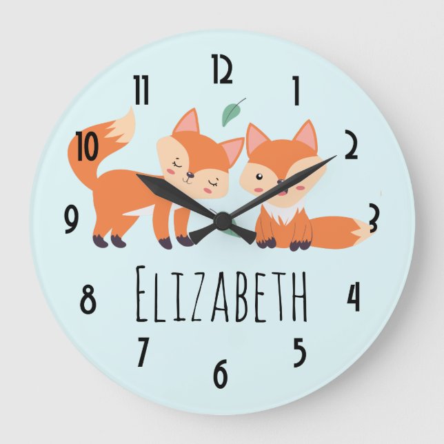 Cute Orange Foxes Graphic Illustration Large Clock (Front)