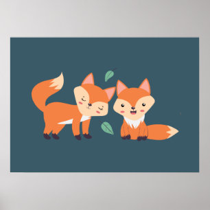 Cute Orange Foxes Graphic Illustration Poster