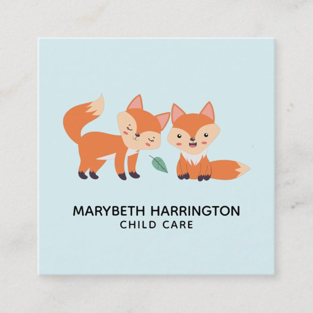 Cute Orange Foxes Graphic Illustration Square Business Card (Front)
