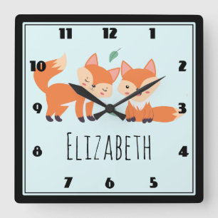 Cute Orange Foxes Graphic Illustration Square Wall Clock