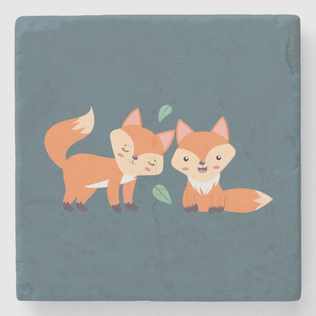 Cute Orange Foxes Graphic Illustration Stone Coaster (Front)