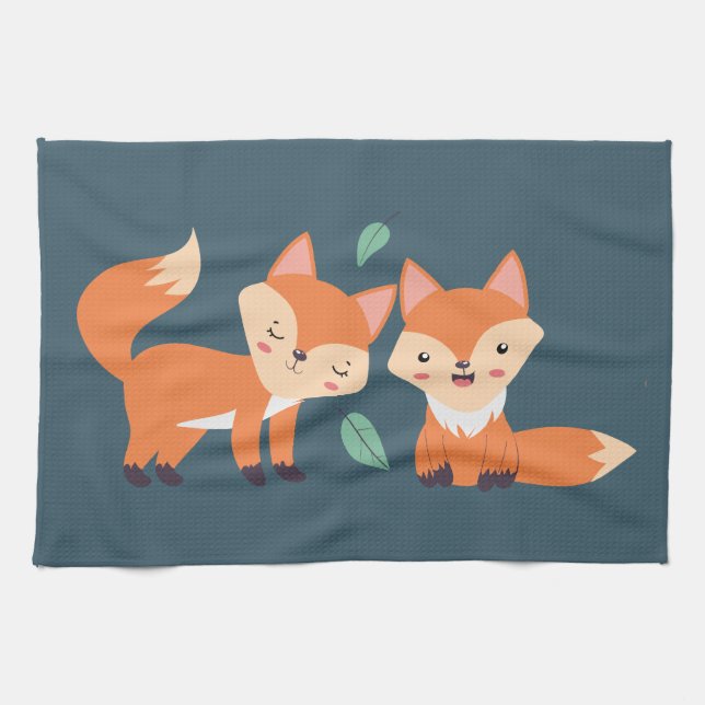 Cute Orange Foxes Graphic Illustration Tea Towel (Horizontal)
