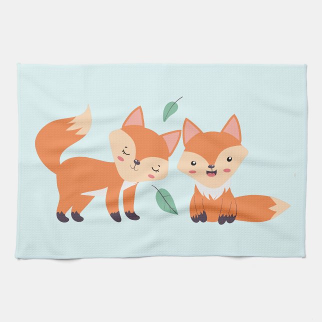 Cute Orange Foxes Graphic Illustration Tea Towel (Horizontal)