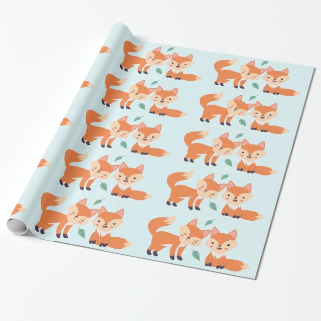 Cute Orange Foxes Graphic Illustration Wrapping Paper (Unrolled)