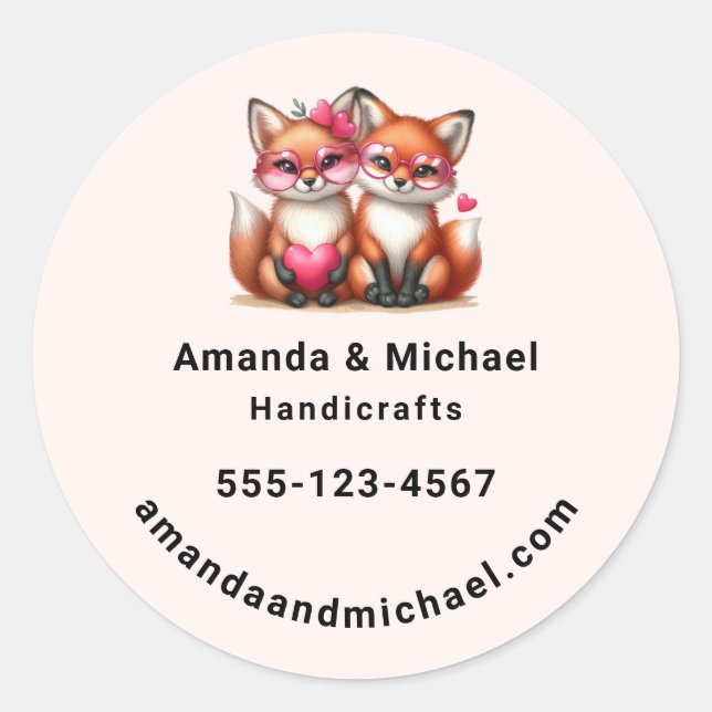 Cute Orange Foxes in Love Business Classic Round Sticker (Front)