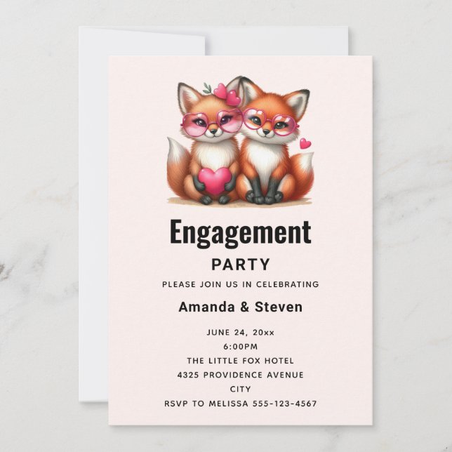 Cute Orange Foxes in Love Engagement Party Invitation (Front)