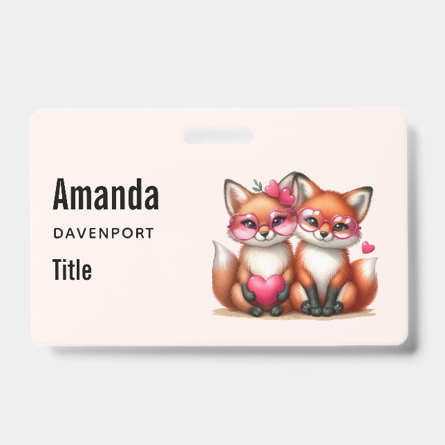 Cute Orange Foxes in Love ID Badge (Front)