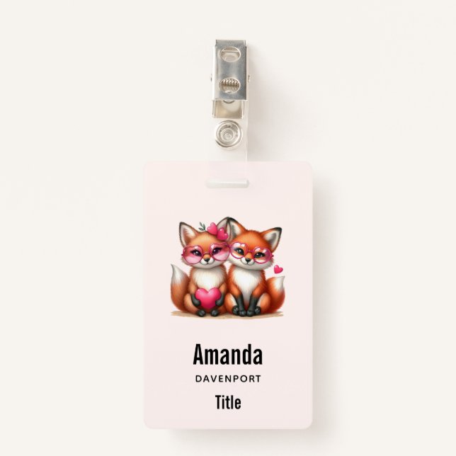 Cute Orange Foxes in Love ID Badge (Front with Clip)