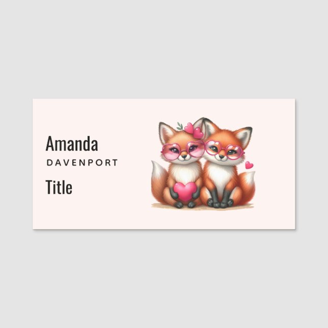 Cute Orange Foxes in Love Name Tag (Front)