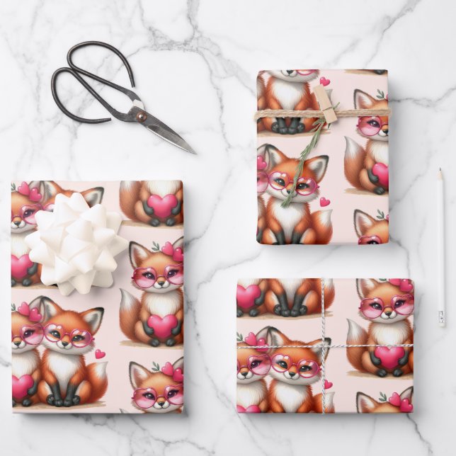 Cute Orange Foxes in Love Pattern Wrapping Paper Sheet (Front)