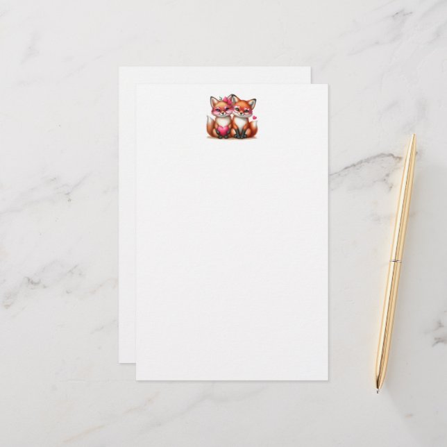 Cute Orange Foxes in Love Stationery (Front/Back In Situ)