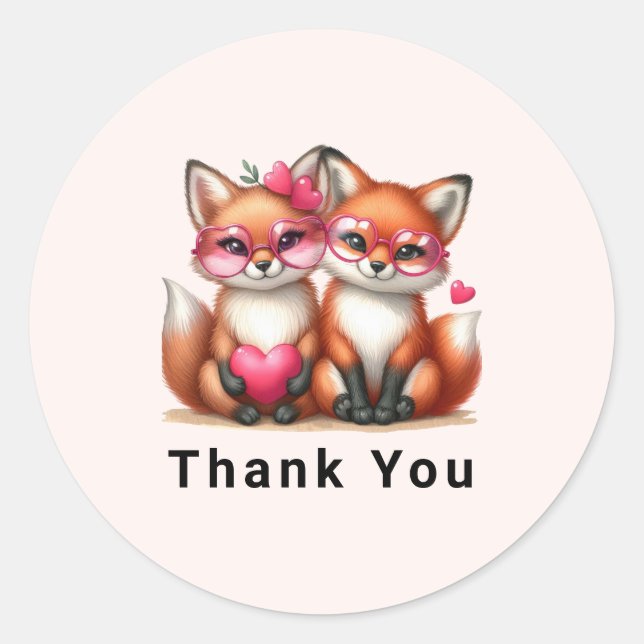 Cute Orange Foxes in Love Thank You Classic Round Sticker (Front)