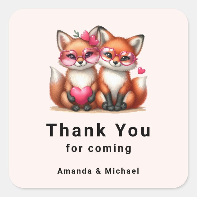 Cute Orange Foxes in Love Thank You Square Sticker (Front)