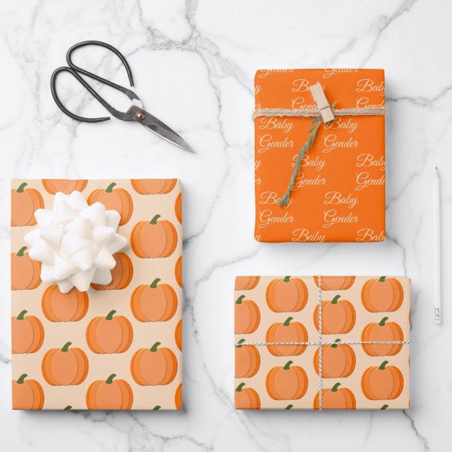 Cute Orange Gender Neutral Pumpkin Custom Pattern Wrapping Paper Sheet (Front)