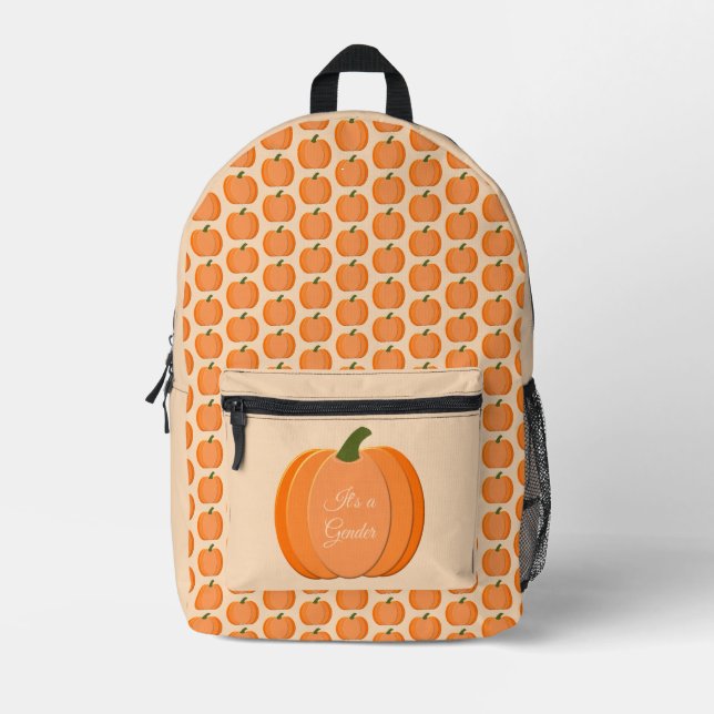 Cute Orange Gender Neutral Pumpkin Gender Reveal Printed Backpack (Front)