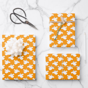Cute Orange Ghost Halloween Wrapping Paper Sheet