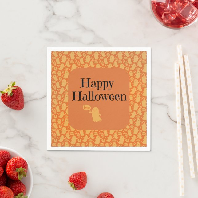 Cute Orange Ghost Happy Halloween Party Napkin (Insitu)