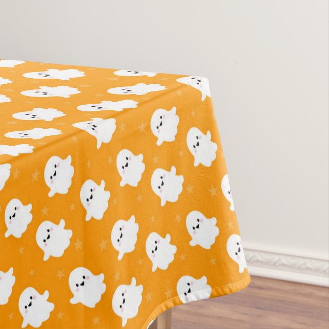 Cute Orange Ghost Pattern – Halloween Design Tablecloth (In Situ)
