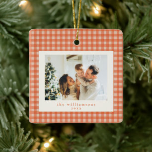 Cute Orange Gingham Plaid Custom Photo Christmas Ceramic Ornament