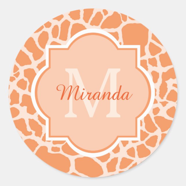 Cute Orange Giraffe Print Monogram and Name Classic Round Sticker (Front)