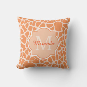 Cute Orange Giraffe Print Monogram and Name Cushion