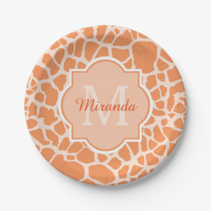 Cute Orange Giraffe Print Monogram and Name Paper Plate