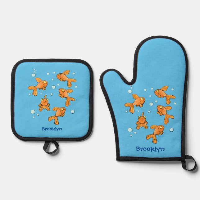 Cute orange goldfish cartoon illustration oven mitt & pot holder set (Front)