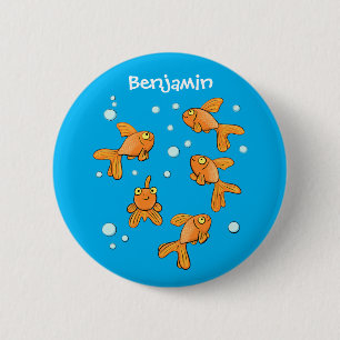 Cute orange goldfish on blue cartoon illustration 6 cm round badge