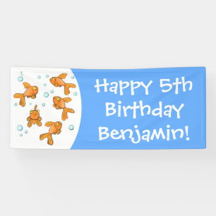 Cute orange goldfish on blue cartoon illustration banner