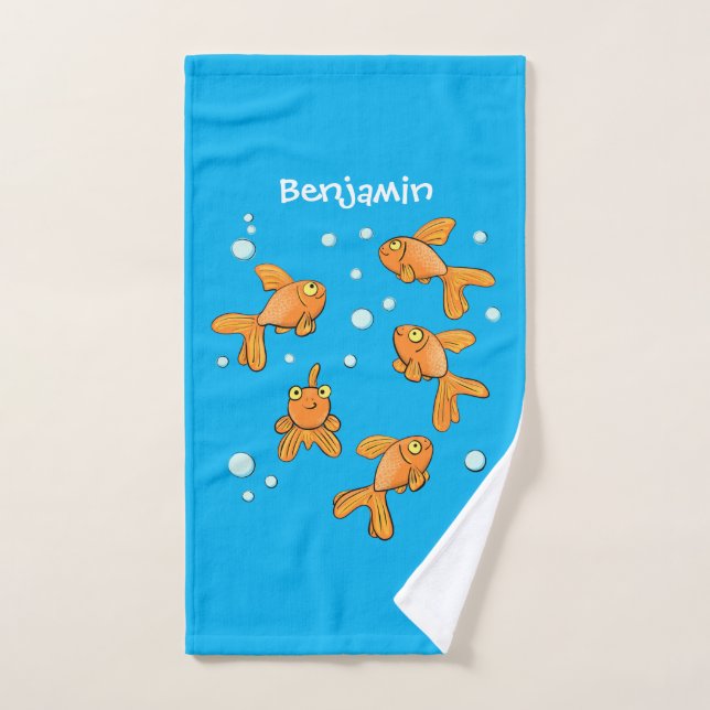 Cute orange goldfish on blue cartoon illustration bath towel set (Hand Towel)