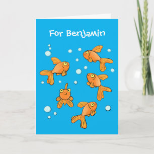 Cute orange goldfish on blue cartoon illustration card