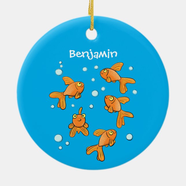 Cute orange goldfish on blue cartoon illustration ceramic tree decoration (Back)
