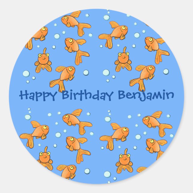 Cute orange goldfish on blue cartoon illustration classic round sticker (Front)