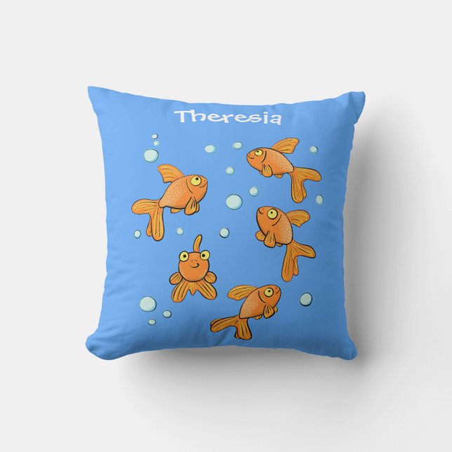 Cute orange goldfish on blue cartoon illustration cushion (Front)