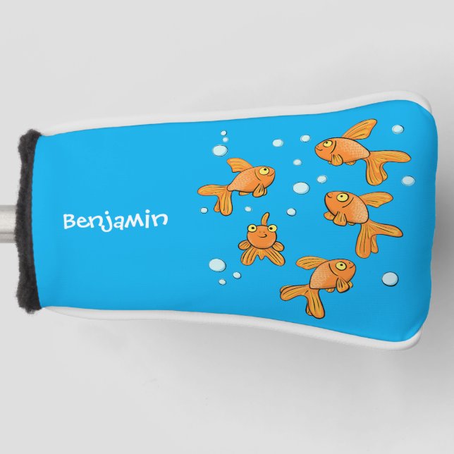 Cute orange goldfish on blue cartoon illustration golf head cover (Front)