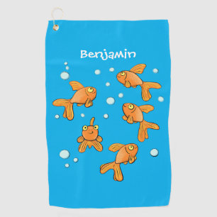 Cute orange goldfish on blue cartoon illustration golf towel